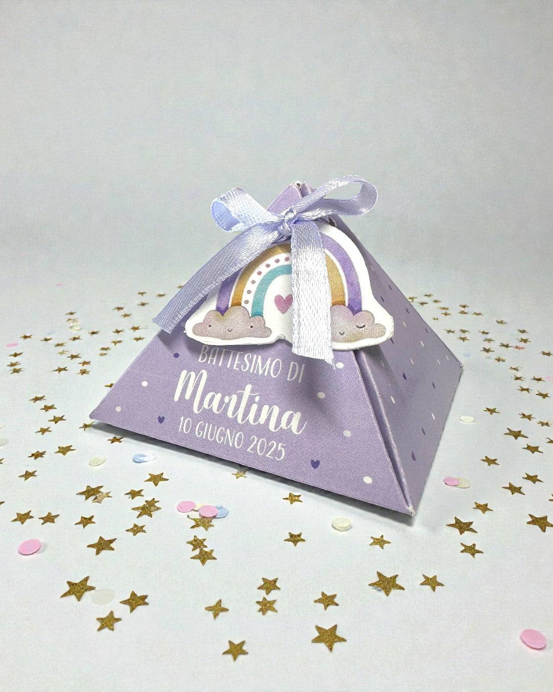 Scatolina Portaconfetti Battesimo Piramide Arcobaleno – Lilla