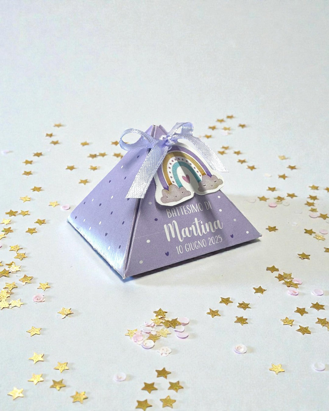 Scatolina Portaconfetti Battesimo Piramide Arcobaleno – Lilla