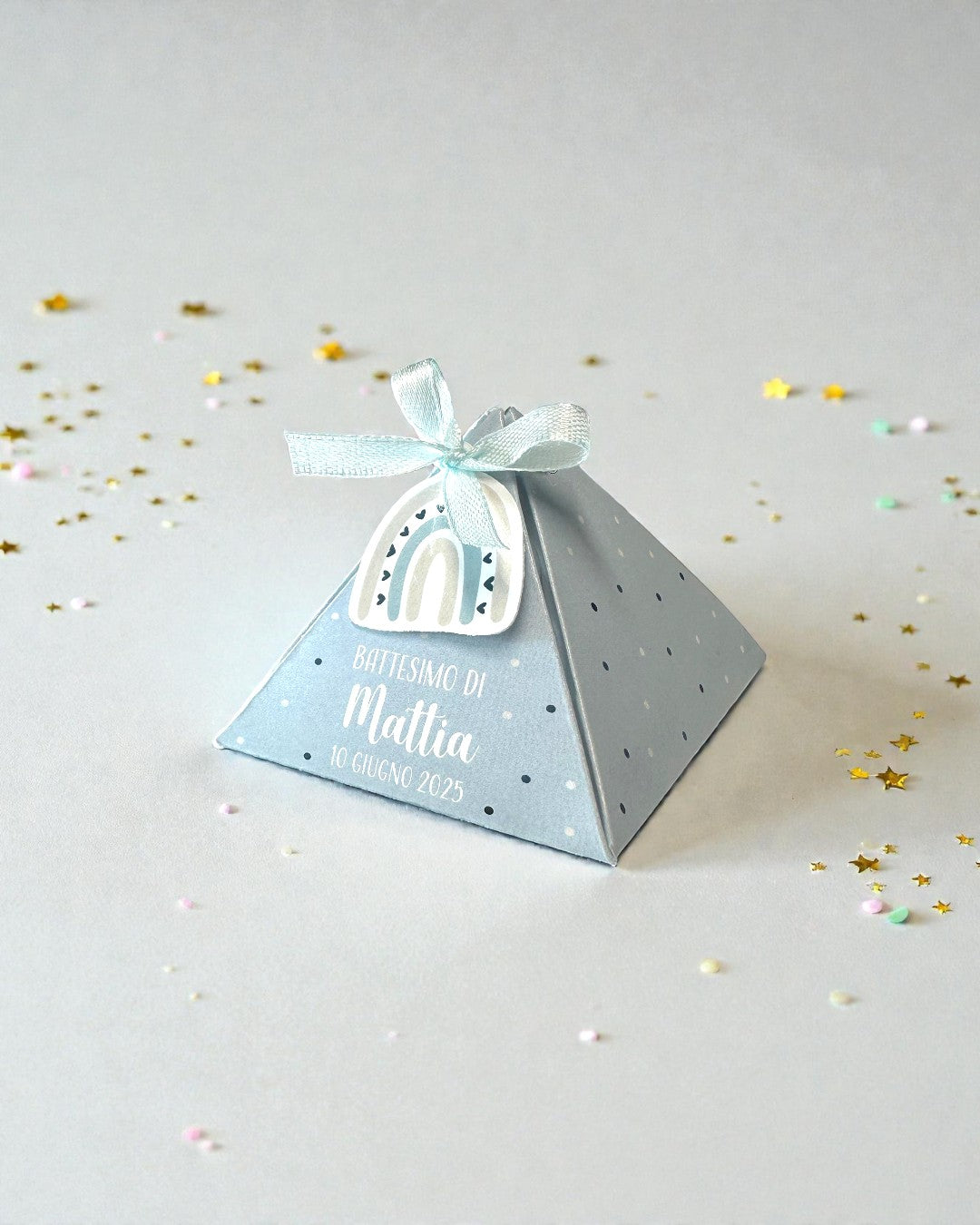 Scatolina Portaconfetti Battesimo – Modello Piramide con Arcobaleno