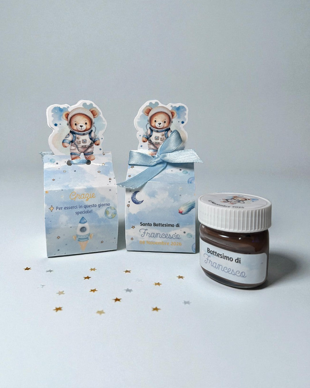 Bomboniera Battesimo Orsetto Astronauta con Nutellina