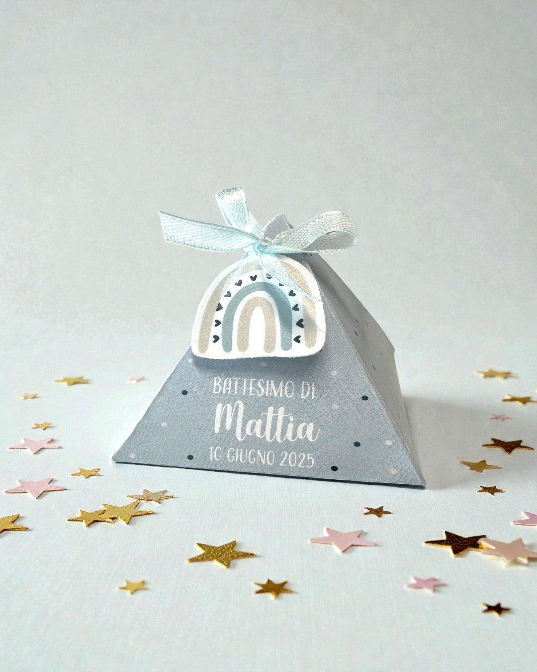 Scatolina Portaconfetti Battesimo – Modello Piramide con Arcobaleno